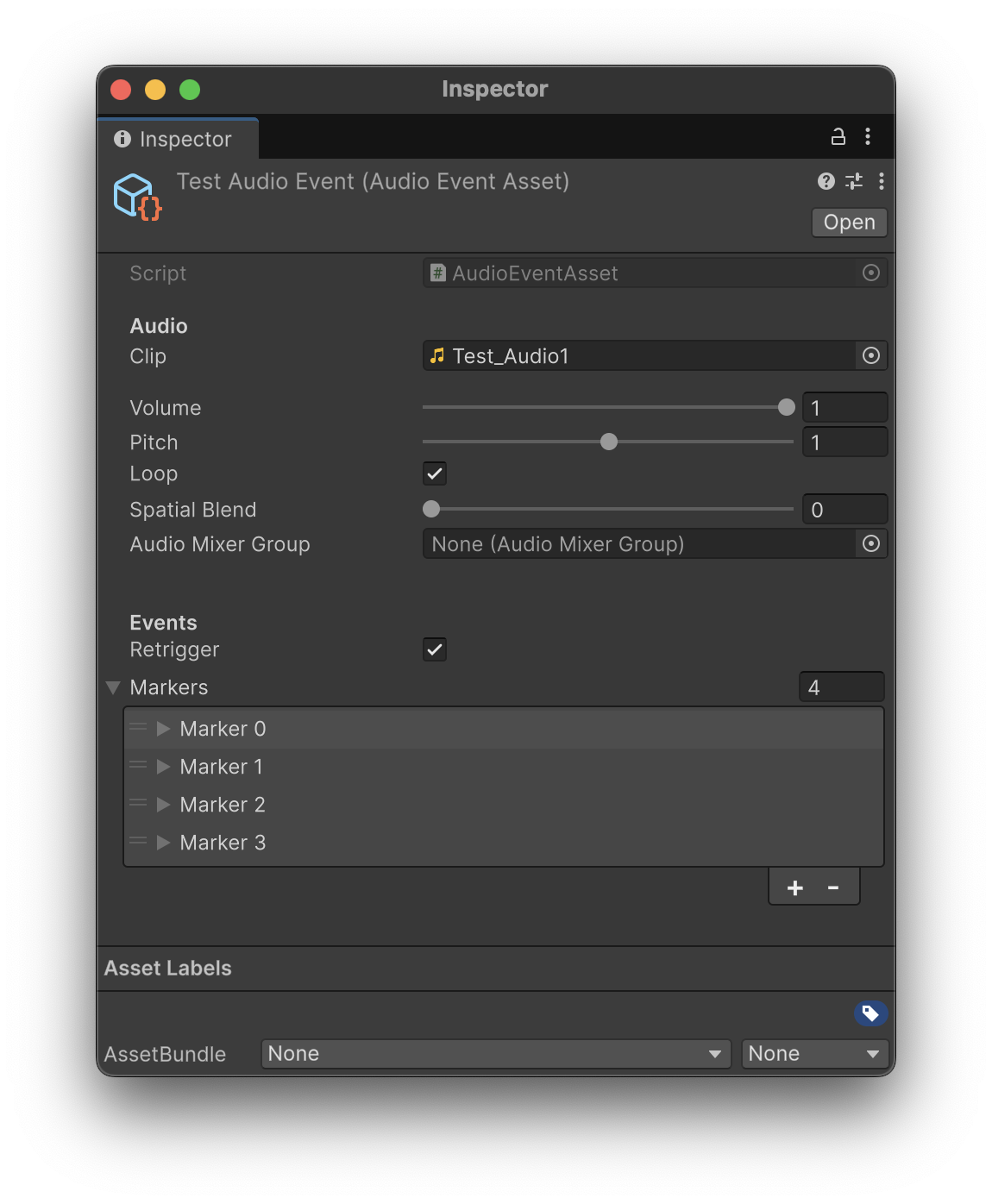 AudioEventAsset Inspector with playback parameters and event markers